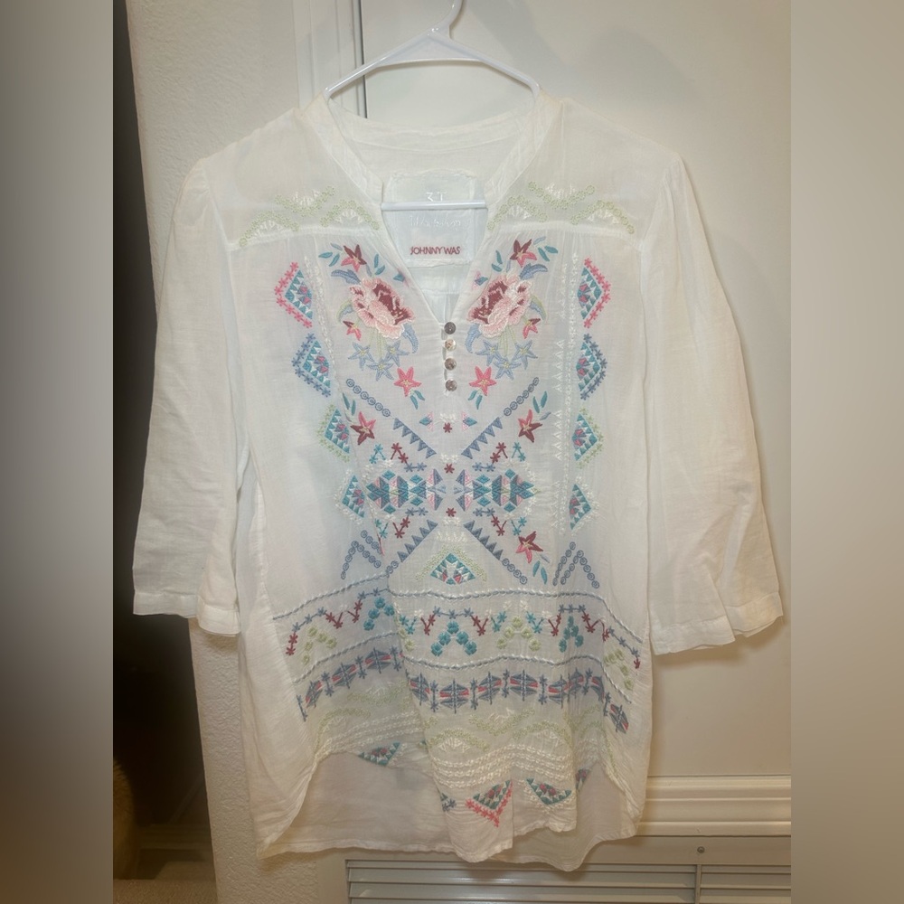 Johnny Was 3T Workshop Embroidered Cotton Tunic Top Size Small